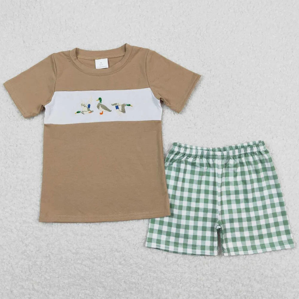 New Fashion Baby Boys Clothes Khaki Camo Embroidery Duck Short Sleeve Shirts Shorts Clothes Sets Boutique Boys Clothes Outfits