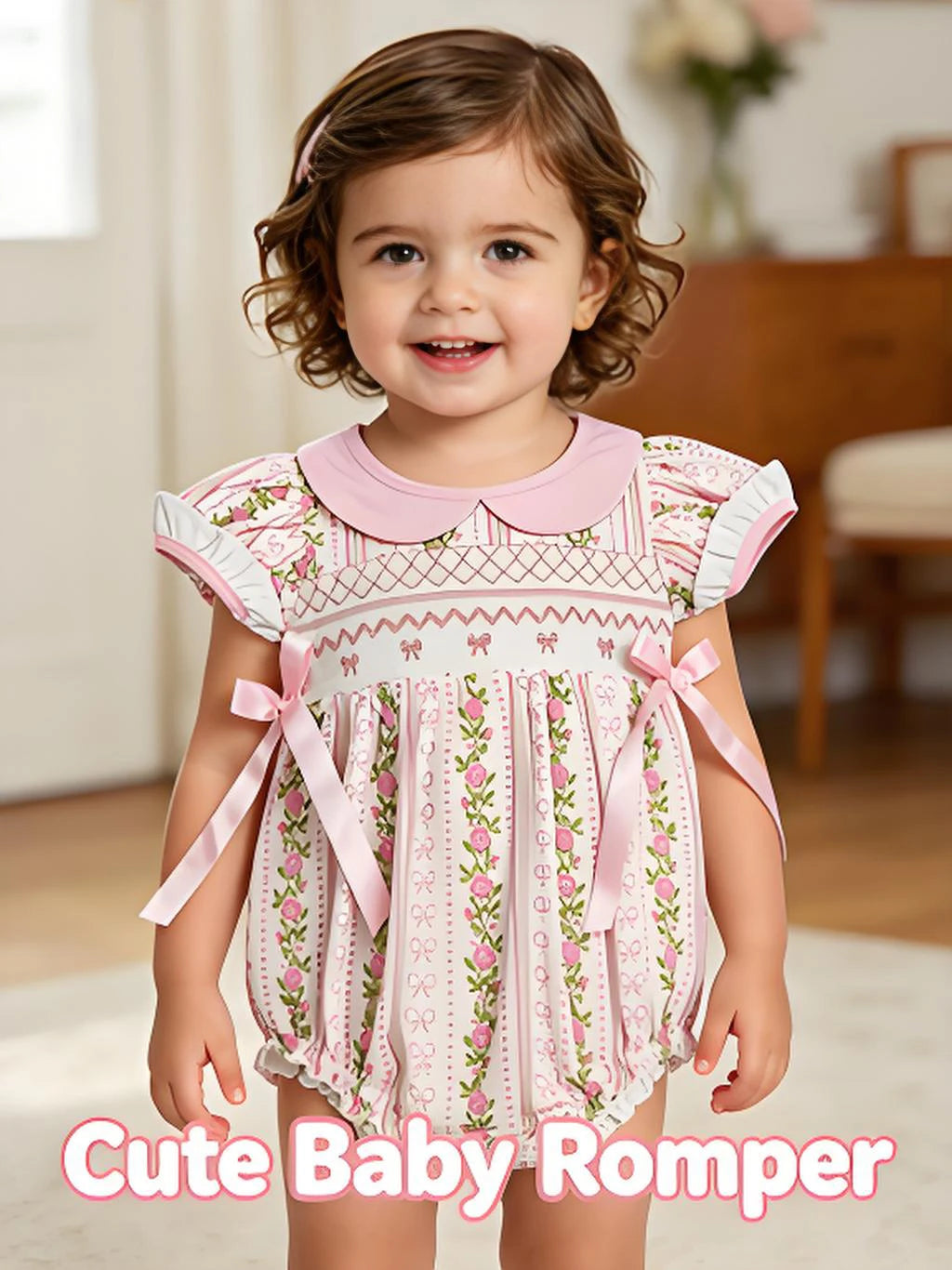 Baby Girls Summer Romper Short Sleeves Pink Bow Floral Print Cute Infant Outfit for Girls