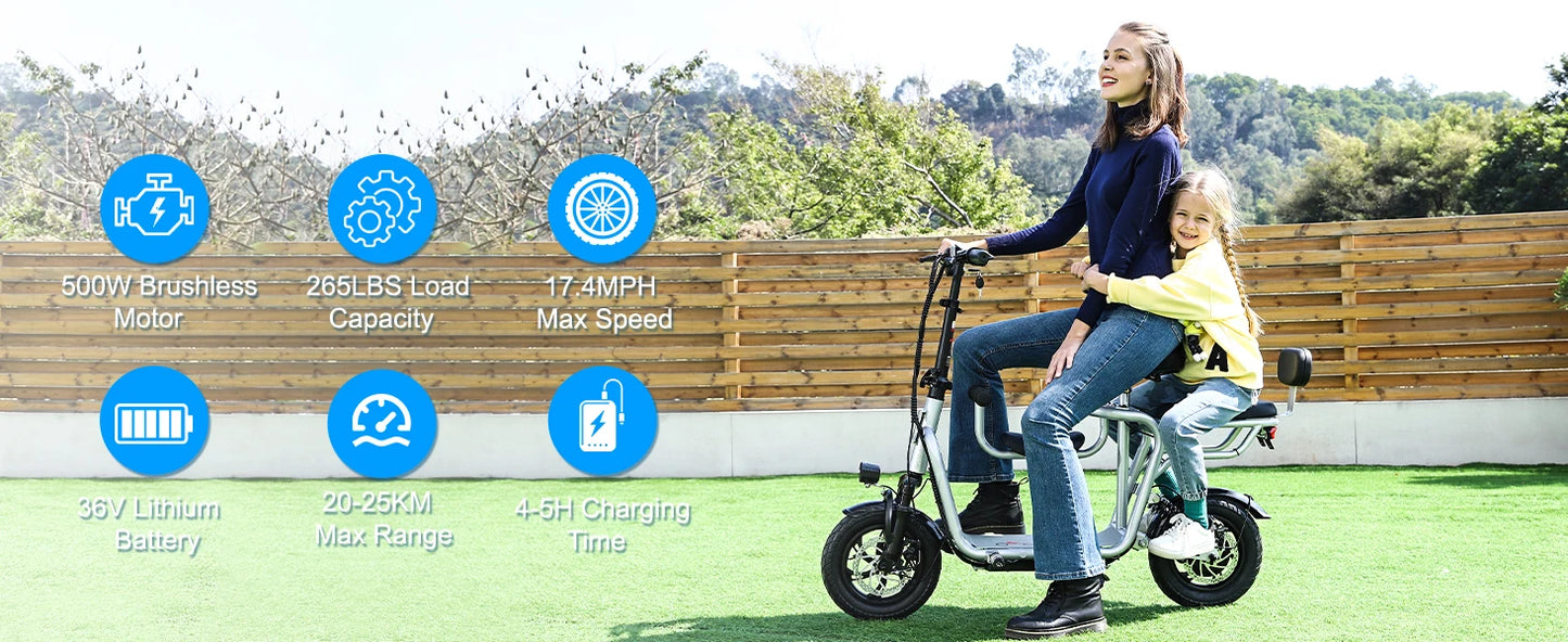 36V E Scooter with Seat,Adults Electric Scooter with 500W Power Motor 17.4mph 20 Mile,with Height Adjustable Seat & Dual Brakes