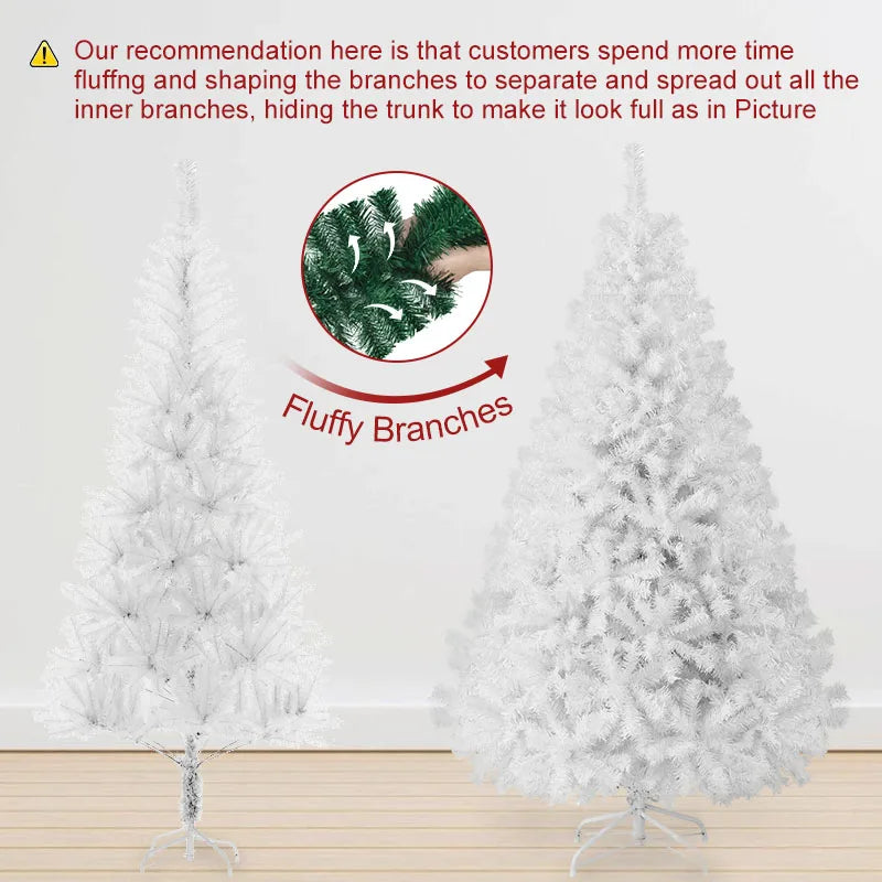 7FT White Christmas Tree with Metal Base – Pre-Lit Fluffy PVC 1000 Branches for Holiday /Xmas Decor, No Ornament