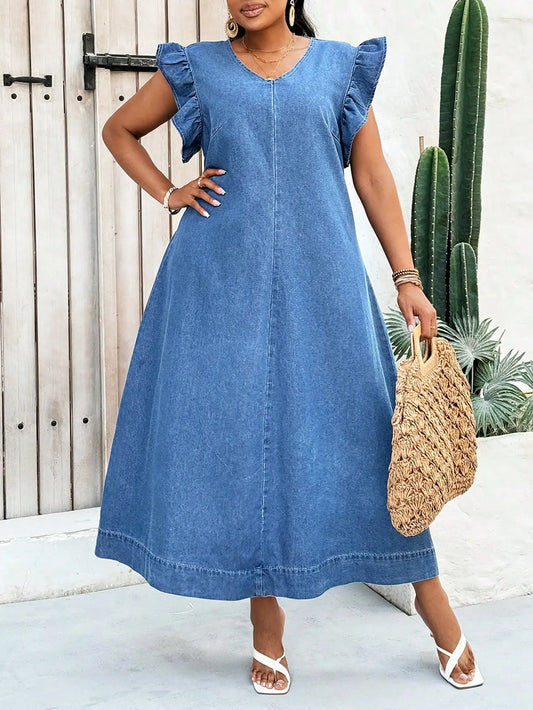 Women's Sleeveless Denim Maxi Dress Summer Casual V-Neck Ruffled Shoulders Flared Hem Breathable Beachwear for Picnic Spring
