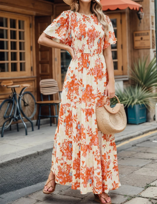 Casual Pastoral Style Floral Print Dress Long, Crewneck Short Sleeves High Waist Wide Ruffle Hem, Woman's Clothing