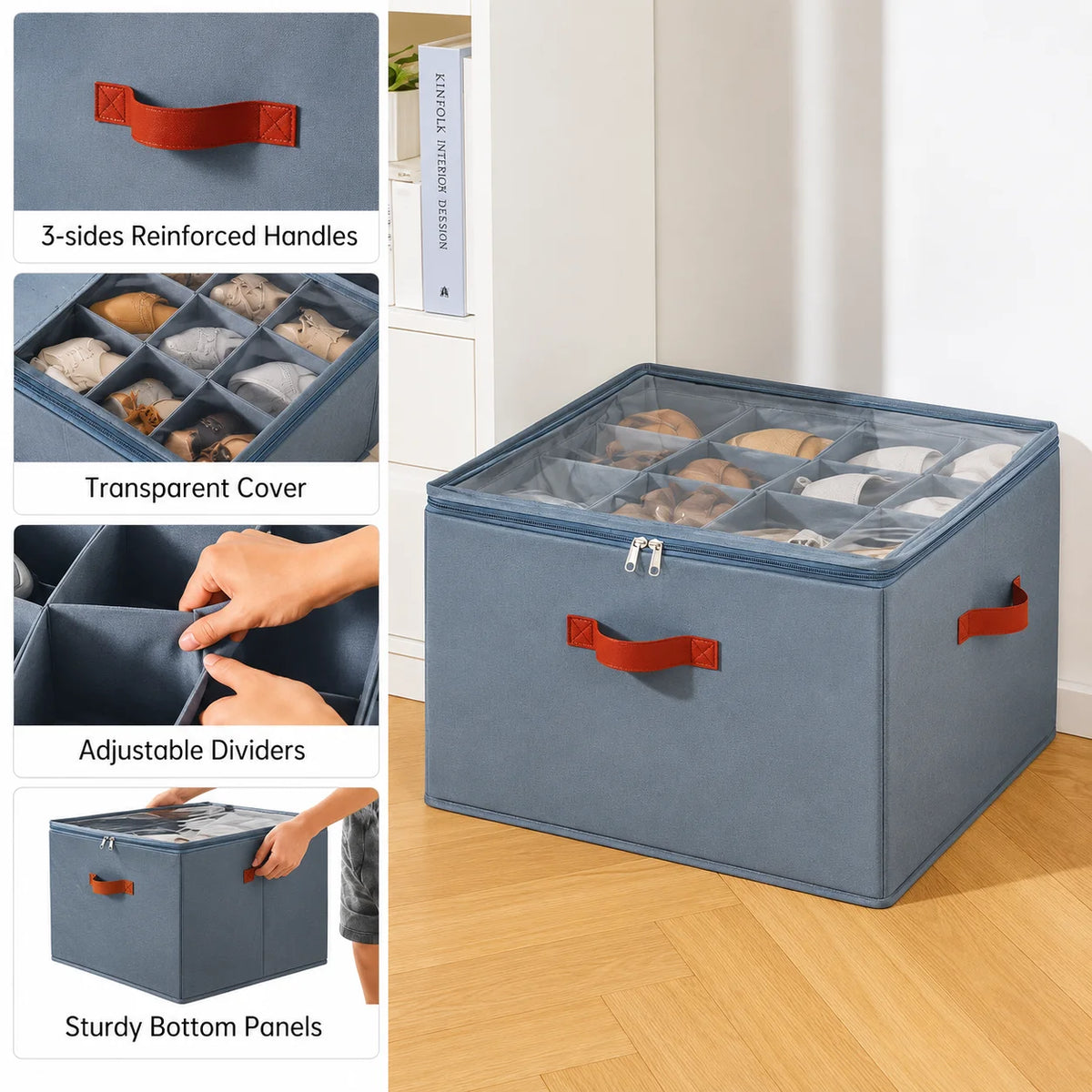 Fabric Shoe Storage Organizer Bin with Clear Cover, Multi-Compartment Vertical Shoe Storage Box with Handles, Space Saving Closet Organizer Container for Sneakers Heels Flats