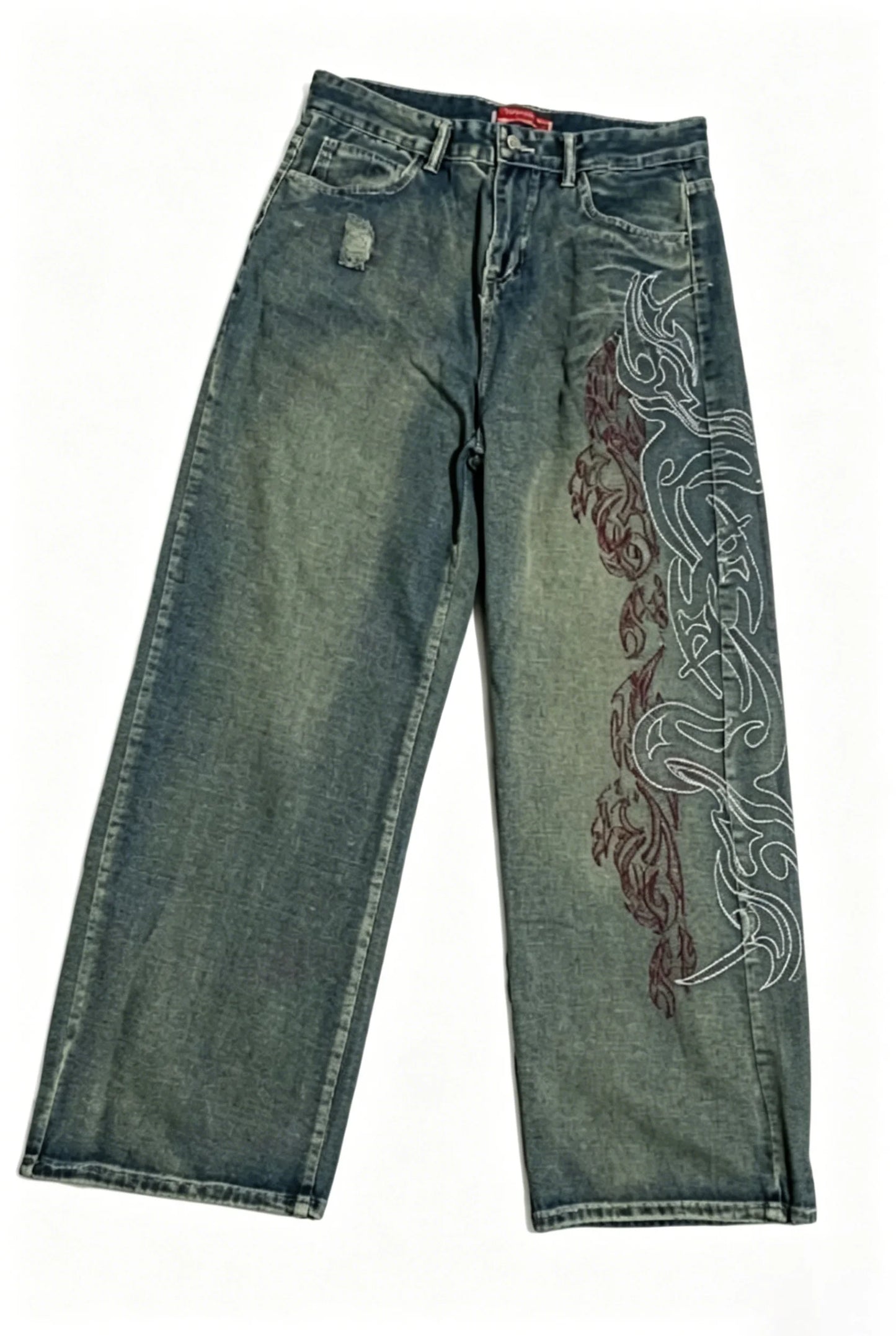 Vintage-style high-waisted wide-leg jeans with side print, distressed finish, loose straight leg, casual and stylish.