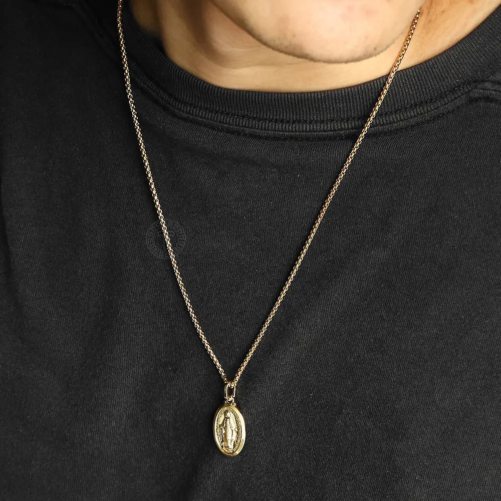 2mm Oval Virgin Mary Pendant Necklace for Men Women Jewelry Trendy Gold Color Box Link Chain Necklace Chain