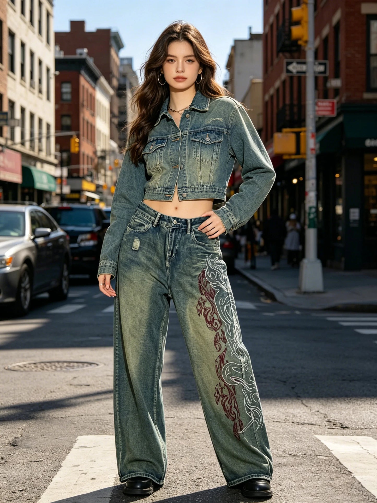 Vintage-style high-waisted wide-leg jeans with side print, distressed finish, loose straight leg, casual and stylish.