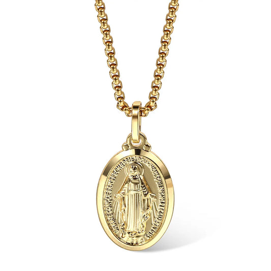 2mm Oval Virgin Mary Pendant Necklace for Men Women Jewelry Trendy Gold Color Box Link Chain Necklace Chain