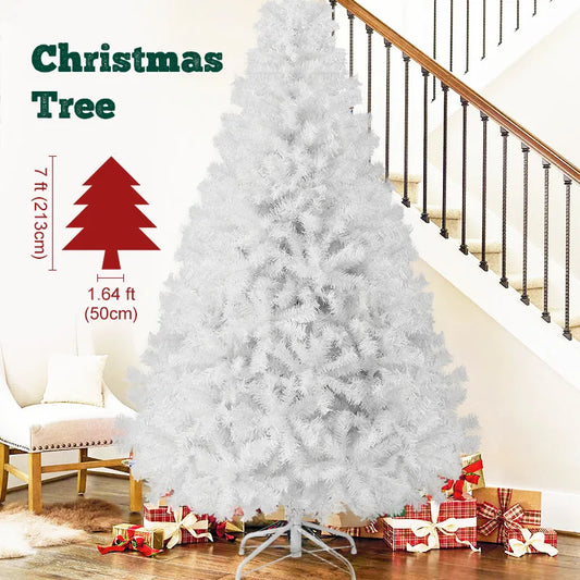 7FT White Christmas Tree with Metal Base – Pre-Lit Fluffy PVC 1000 Branches for Holiday /Xmas Decor, No Ornament