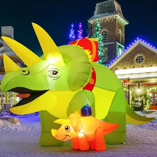 GOOSH 7.5 FT Length Christmas Inflatables Dinosaur Outdoor Decorations Blow Up Green Triceratops with Baby Dino Yard Decorations