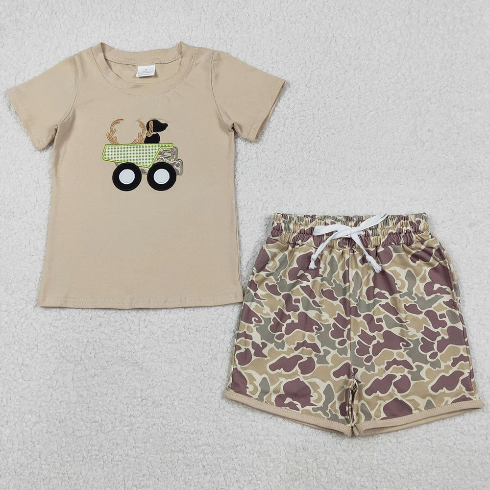 New Fashion Baby Boys Clothes Khaki Camo Embroidery Duck Short Sleeve Shirts Shorts Clothes Sets Boutique Boys Clothes Outfits