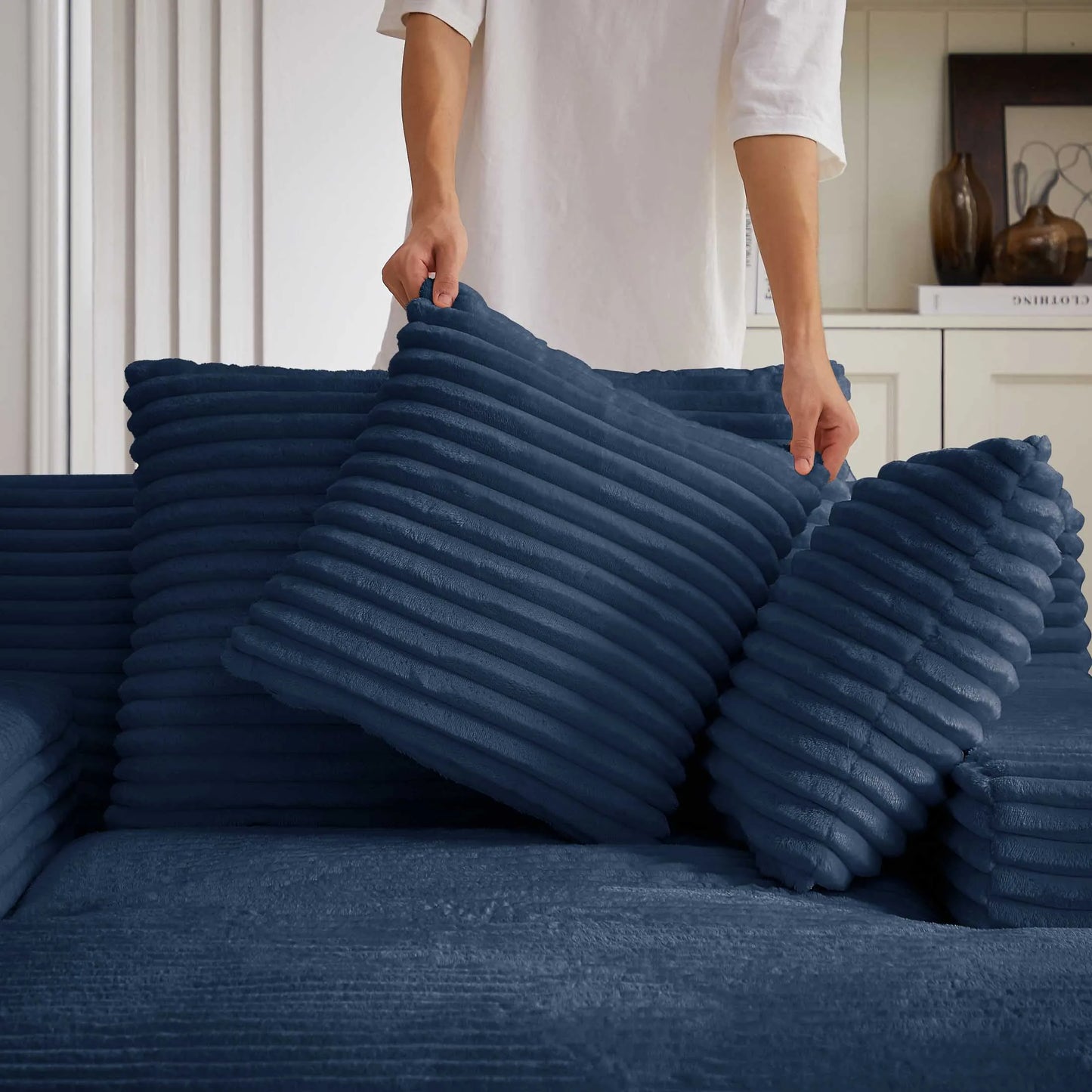 66" Oversized Chaise Lounge Chair Corduroy Oversized Boneless Couch Sofa Bed Reading Chair Sleeper Chaise with 3 Pillows, Blue