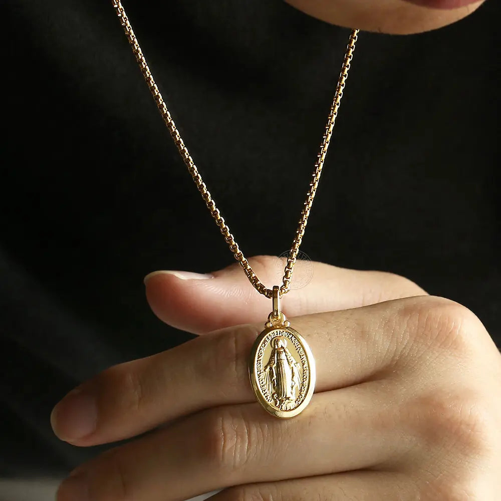 2mm Oval Virgin Mary Pendant Necklace for Men Women Jewelry Trendy Gold Color Box Link Chain Necklace Chain
