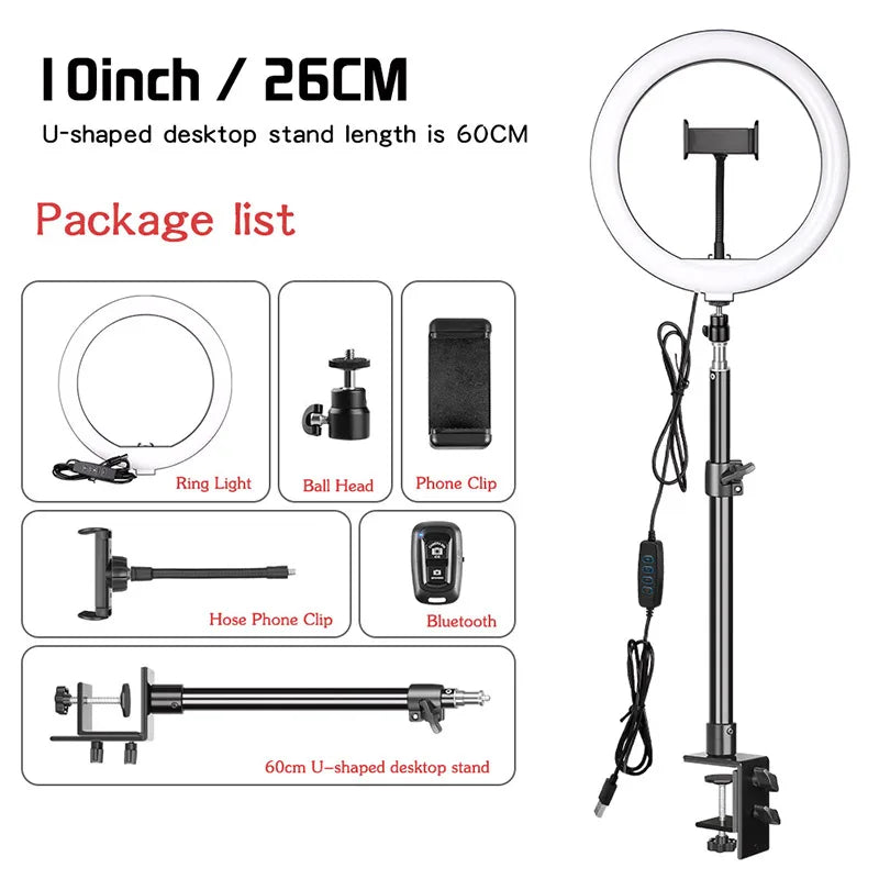 SH 10inch Ring Lamp Photography LED Ring Light Selfie Ring Lighting with Tripod Stand for Smartphone Youtube Makeup Video Studio