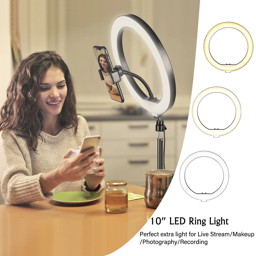 SH 10inch Ring Lamp Photography LED Ring Light Selfie Ring Lighting with Tripod Stand for Smartphone Youtube Makeup Video Studio