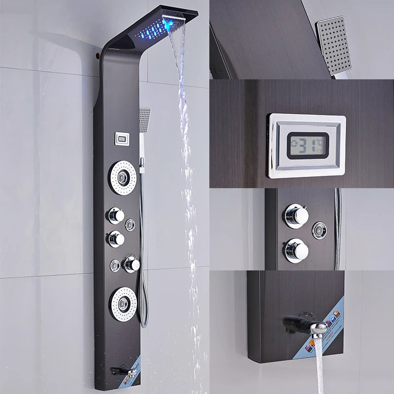 ALENARTWATER Bathroom Shower Panel LED Waterfall Shower Water Top Spray Temperature Display Faucet Back Massage with Water Tap