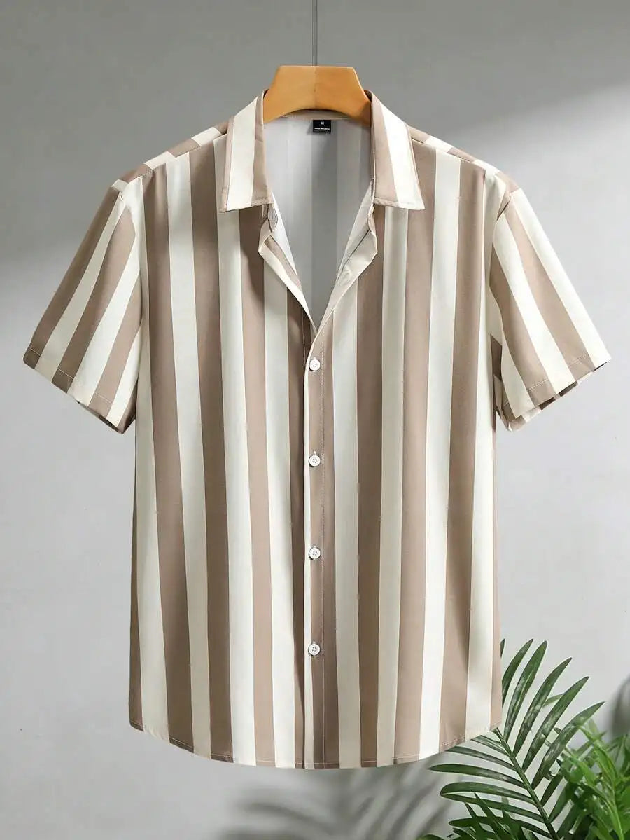 Men Vertical Striped Button Up Short Sleeve Shirt Casual