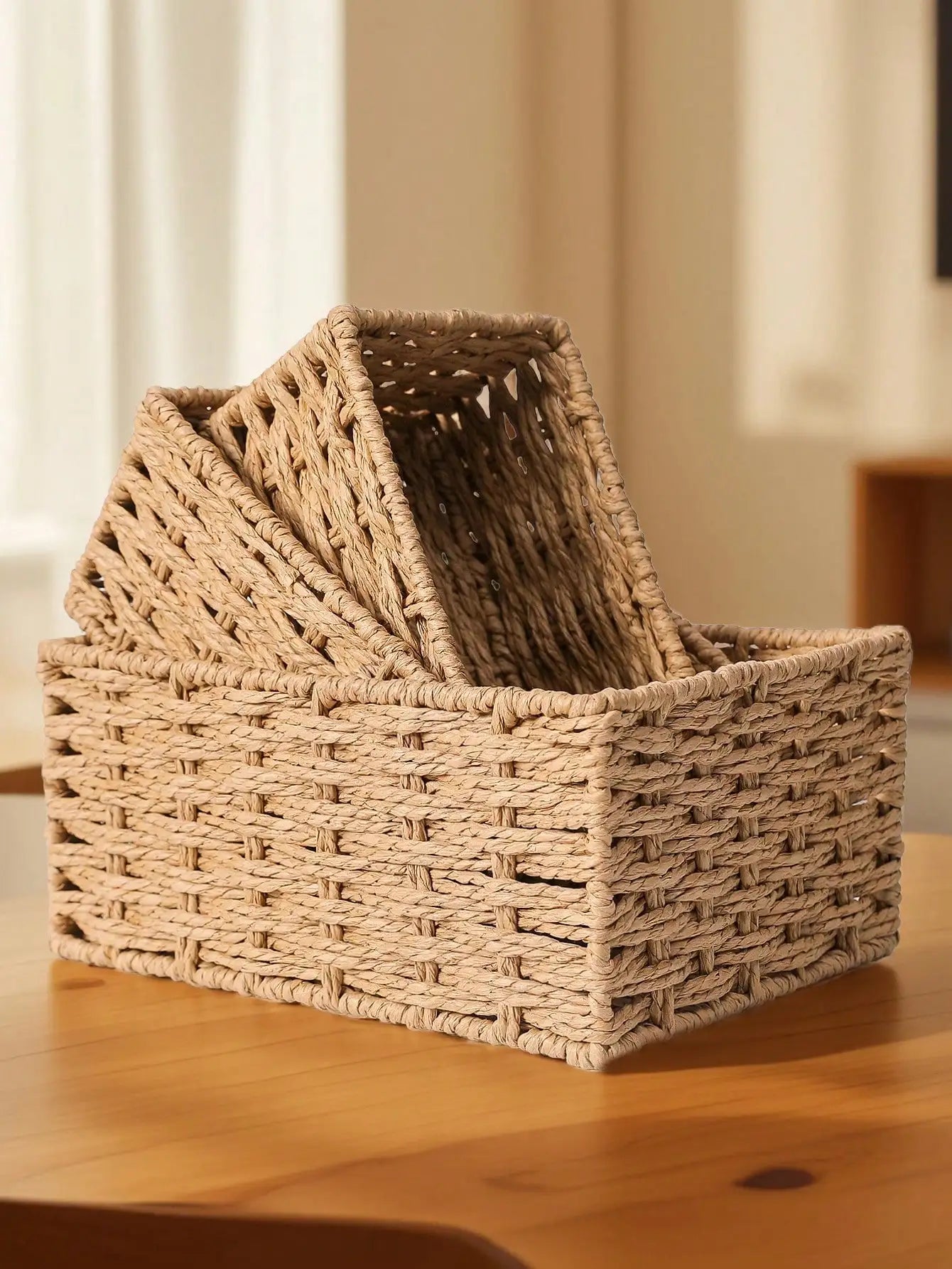 1pc/3pcs Desktop Storage Box, Handmade Rattan Woven Organizer Tray For Cosmetics, Keys, Snacks, Home Living Room, Bedroom, Study, Office, S/M/L Sizes Available,For Back To School