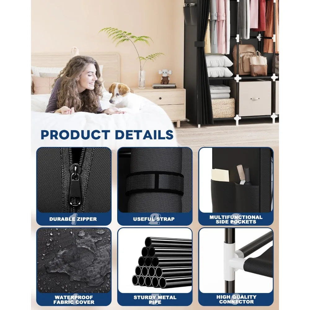 Portable Clothes Organizer with 4 Hanging Rods Large Fabric Wardrobe Storage for Bedroom Living Room Black