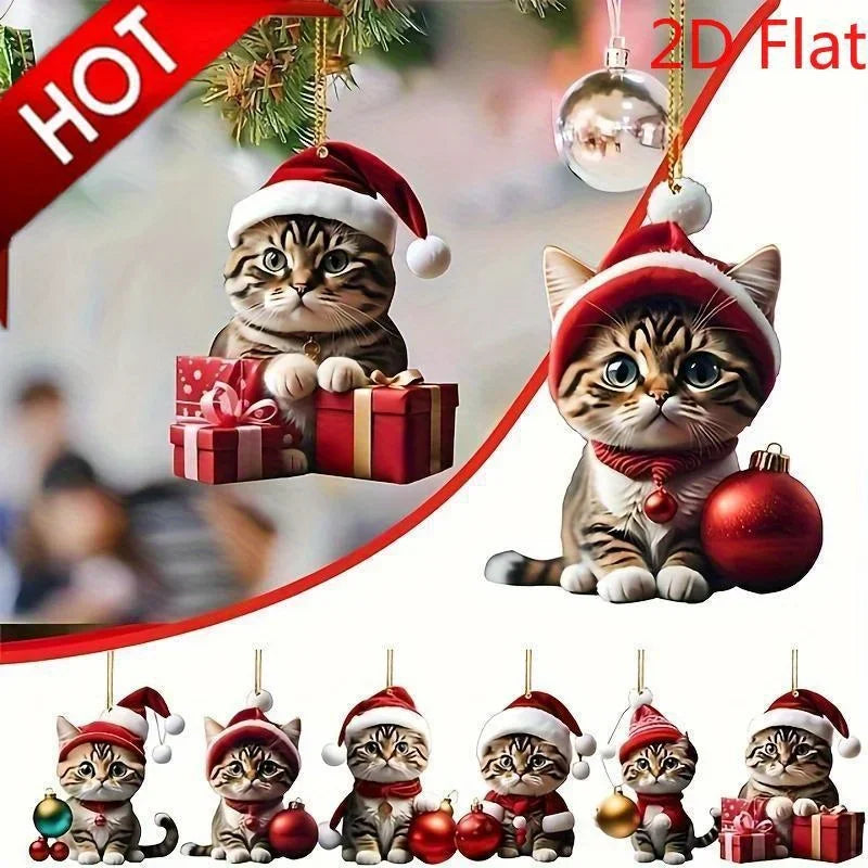 2D  6Pcs Cat Christmas Ornaments - Acrylic Festive Kitty Decor with Santa Hats