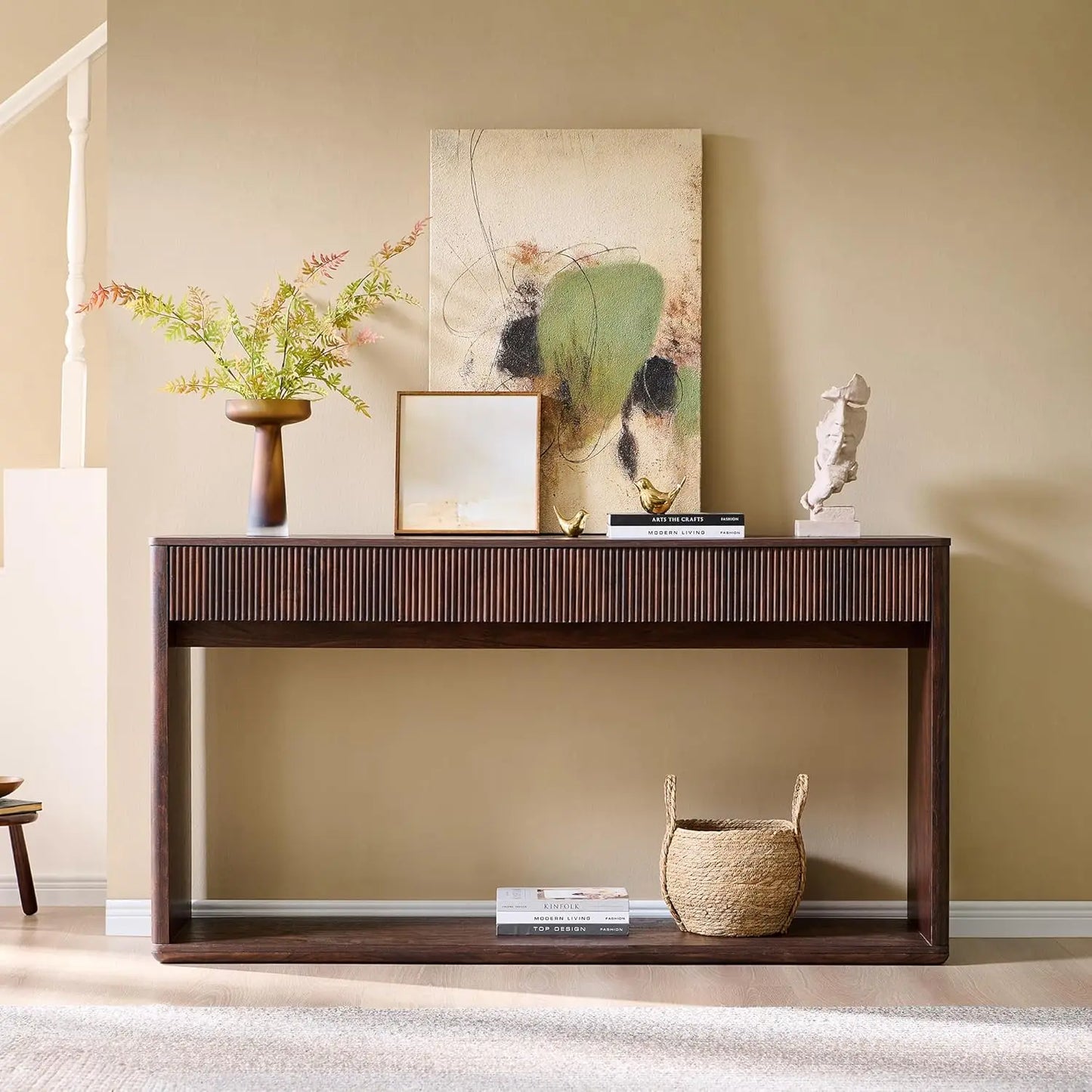 63" Fluted Console Table with 2 Large Drawers Long Entryway Sofa Table for Living Room Hallway Foyer Dark Walnut, Customized