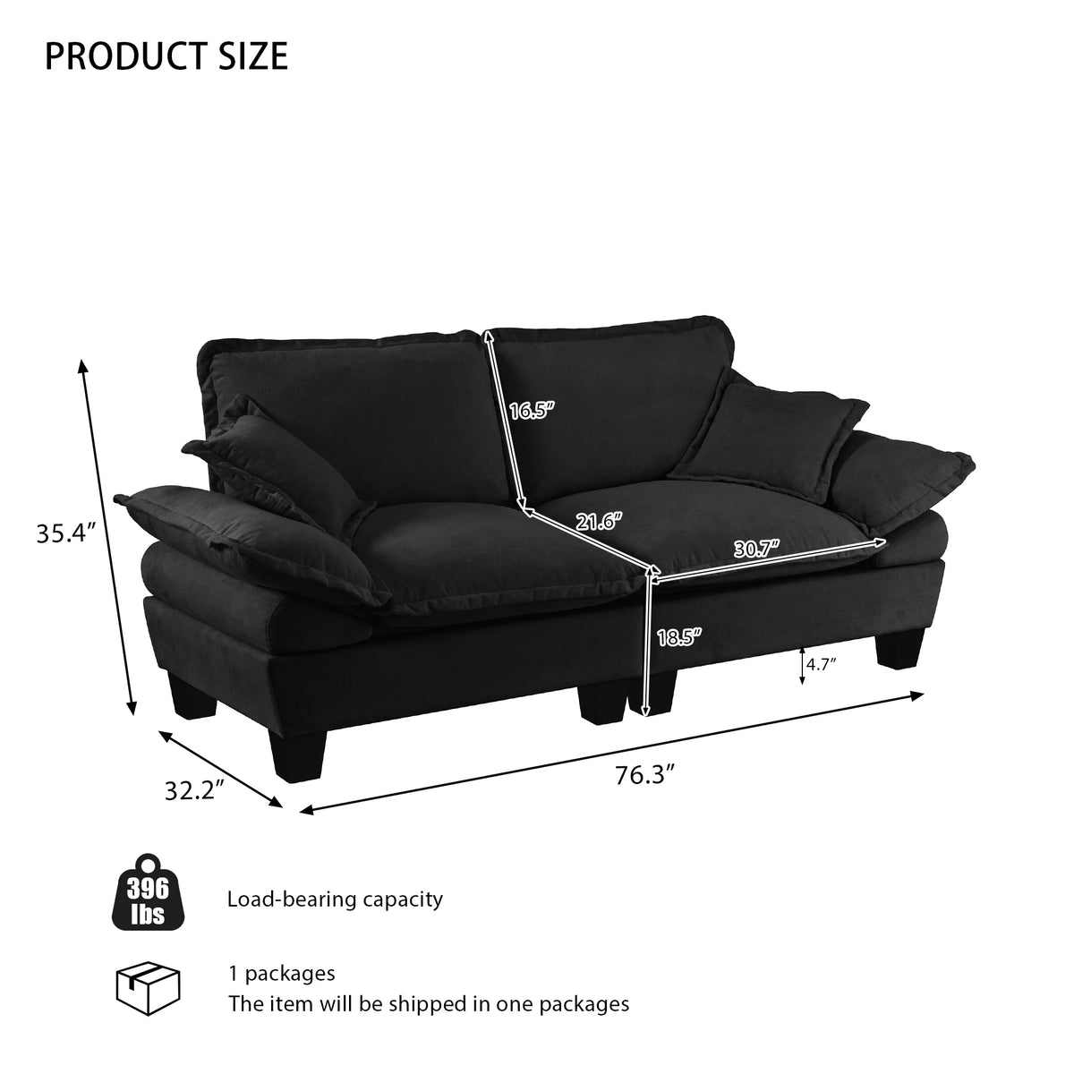 76.5 Inch Plush Fabric Loveseat Sofa Modern Deep Seat 2 Seater Couch
