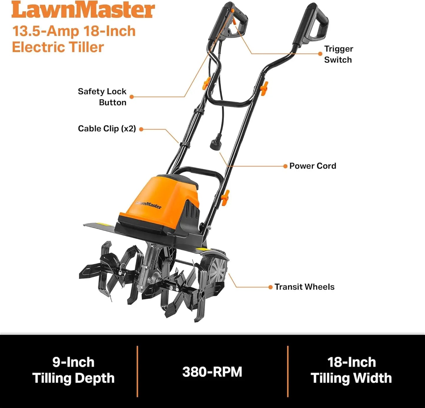 18 Inch Electric Tiller, 13.5 Amp 380 RPM, 6 Steel Tines, Foldable Handles