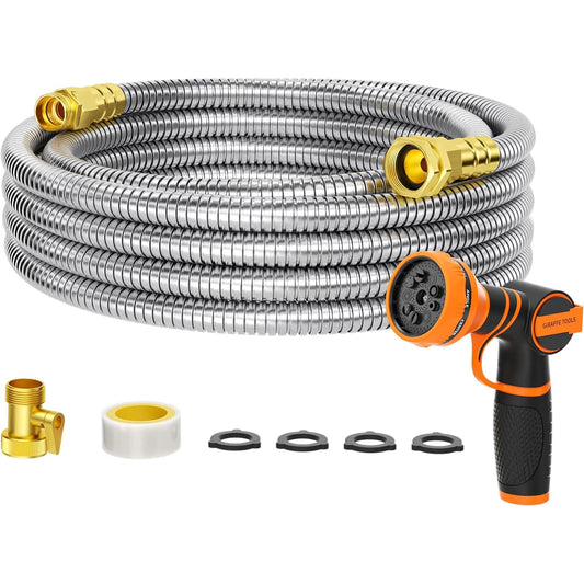 Giraffe Tools 5/8" Garden Hose, 304 Stainless Steel Metal Water Hose, No Kink Garden Water Hose with 9 Pattern Spray Nozzle