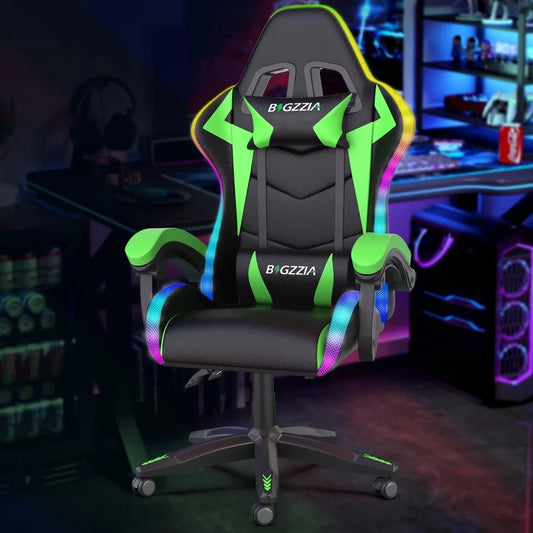 Gaming Chair with RGB LED Lights, High Back Ergonomic Computer Gamer Chair with Headrest and Lumbar Support, Racing Style Recli