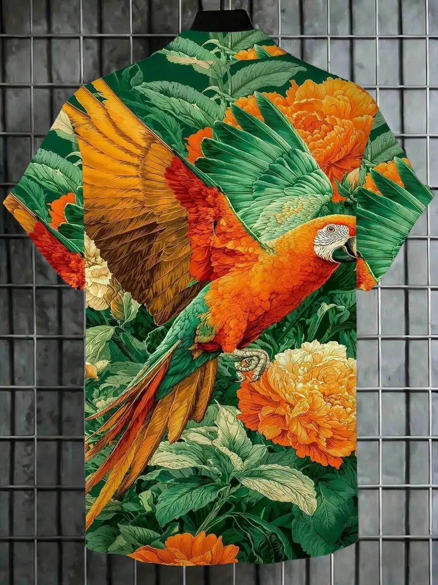 Mens 3D Print Parrot Floral Short Sleeve Casual Beach Shirt