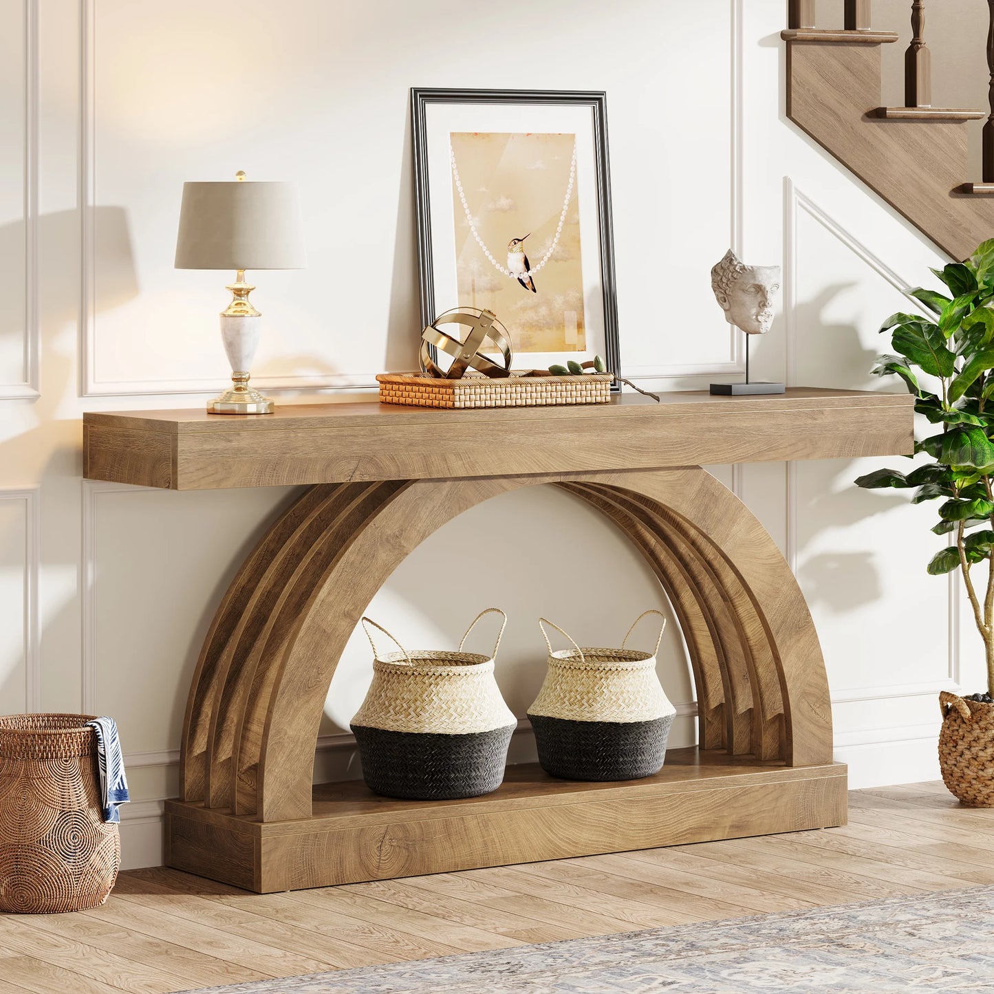 LITTLE TREE 63-Inch Entryway Table, 2-Tier Sofa Table Behind The Couch, Farmhouse Narrow Unique Arched Console for Hallway