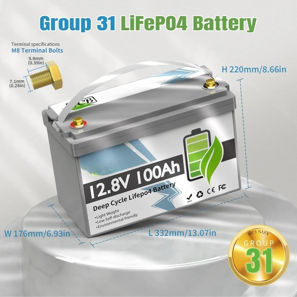 12V 100Ah LiFePO4 Battery, Rechargeabel Deep Cycle Lithium Batteries, 100A BMS with Low-Temp Protection, Perfect for RV