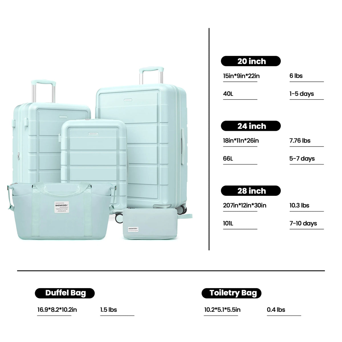 SHOWKOO G-Series Luggage Set 5PCS 100% PC Durable Hardshell Suitcase Expandable, Smoother Spinner Wheels, YKK Zipper, TSA Lock, Family Travel