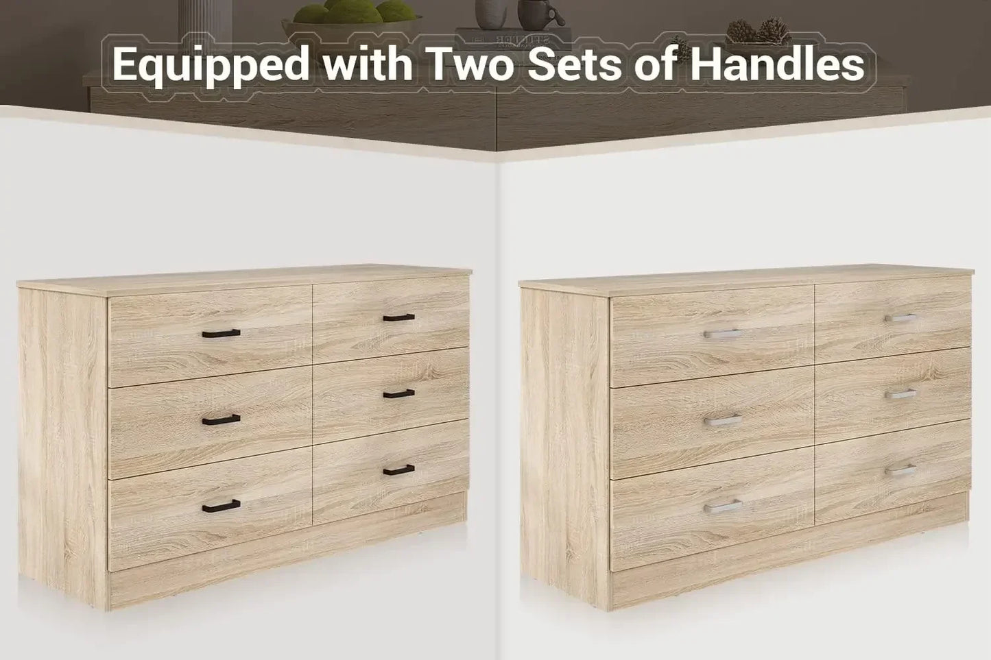 Wood Dresser for Bedroom, 6 Drawer Double Dresser with Metal Handles, 15.8" D x 47.2" W x 27.7" H, Light Oak