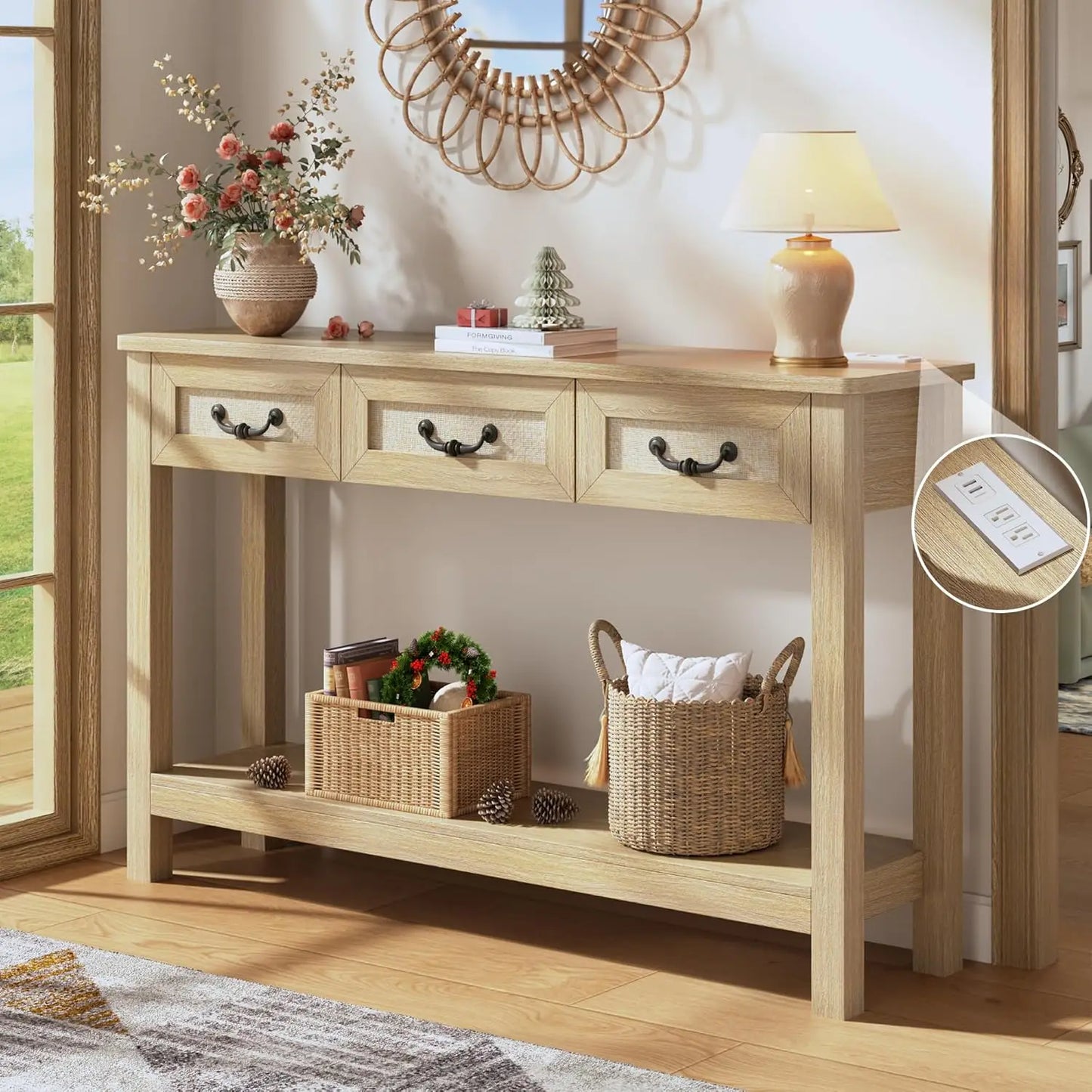 47.2" Console Table with 3 Rattan Drawers, Long Sofa Table with Storage Behind Couch, Farmhouse Entryway Table with, Customized