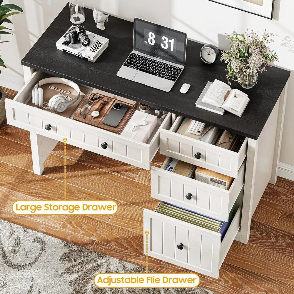 Modern Executive Desk with 4 Drawers, Home Office Desk with 1 Drawer, Wooden Computer Desk with Storage, Rustic Office Desk for