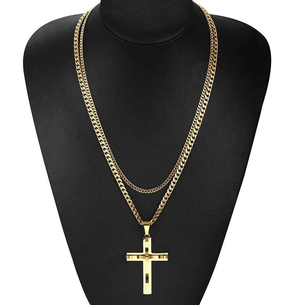 Womens Mens 2pcs Cross Pendant Necklace Layered Gold Color Stainless Steel Curb Cuban Link Chain Wholesale Jewelry