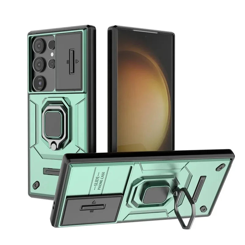 Slide Camera Armor Case For Samsung Galaxy S25 Ultra S24 FE S23 Plus A54 A55 M56 A26 A36 A56 5G Lens Protect Magnetic Ring Cover