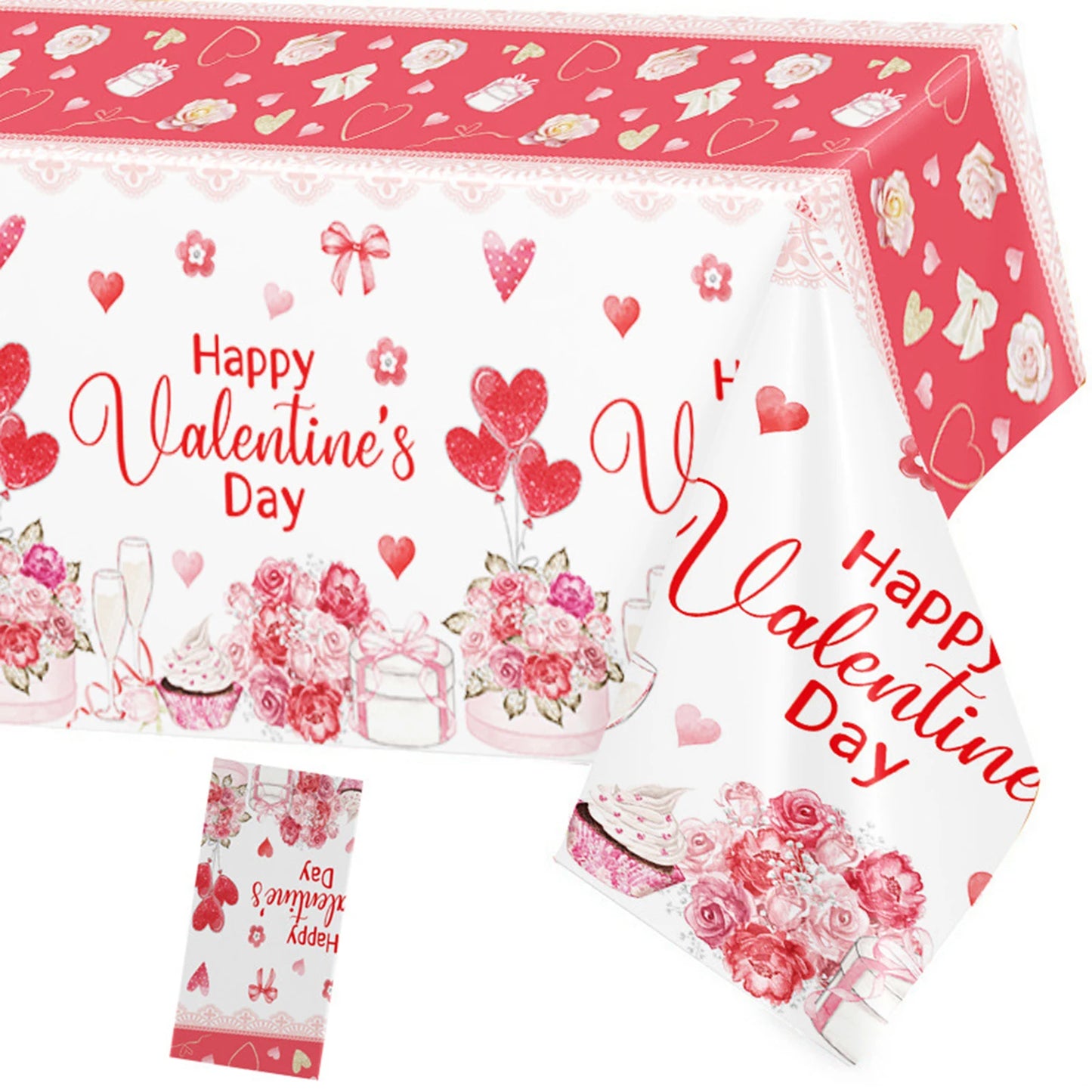 Valentine's Day Decorative Plastic Tablecloth with Romantic Rose and Heart Design for Party