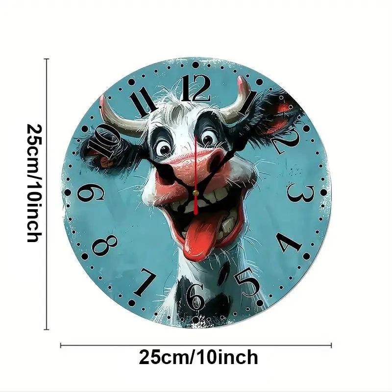 DIY 2D Flat Creative Cow Design Wooden Round Silent Hanging Wall Clock, Suitable For Living Room, Office,Study Room,Bedroom, Home Decoration