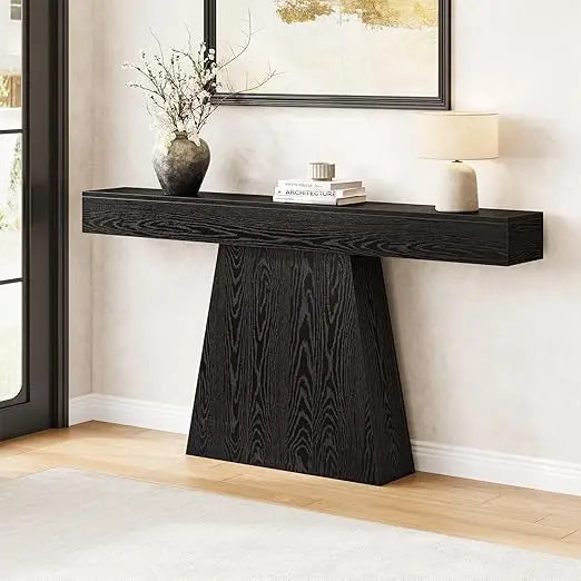 63 Modern Black Console Table, Trapezoidal Base, Perfect for Entryway and Living Room