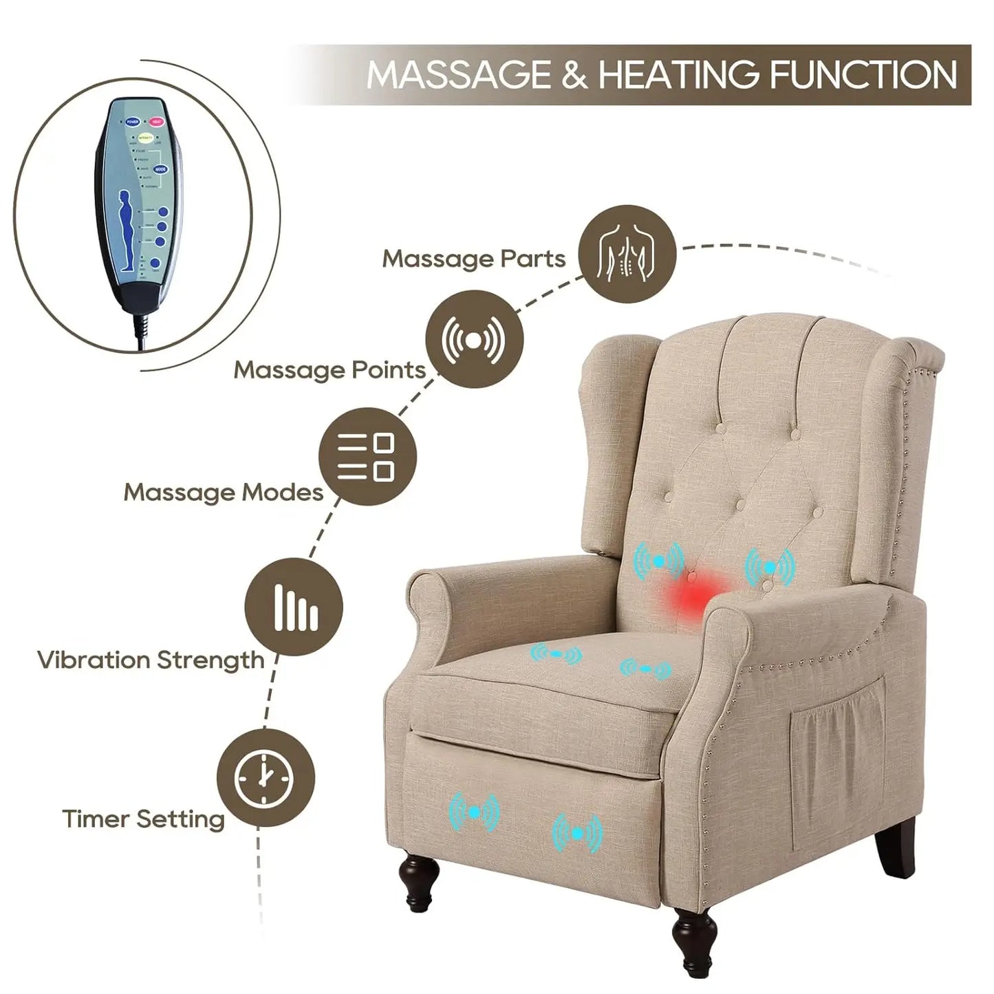 Massage Heat Wingback Recliner Push Back Armchair Living Room Bedroom Home Theater Beige,Customized