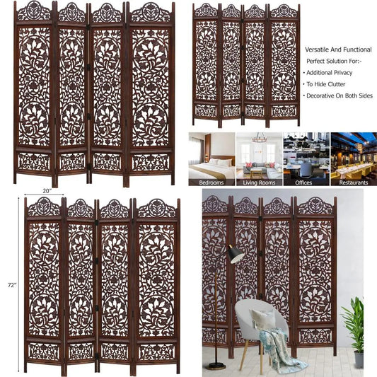 Kamal Antique Brown Room Divider with 4 Folding Panels - 72 x 80 Hand Carved Portable Screen, Reversible Functional Design