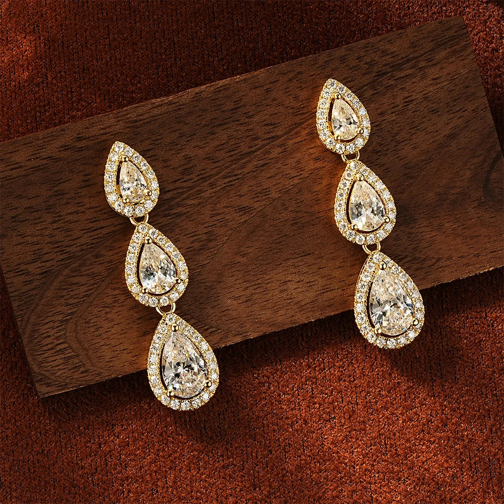 OXTAO 3-Stone Pear Cut 5A CZ Halo Drop Earrings for Women Girl Birthday Party Gift D VVS1 for Women Tassel Moissanite Dangle Earrings 14K Gold Filled