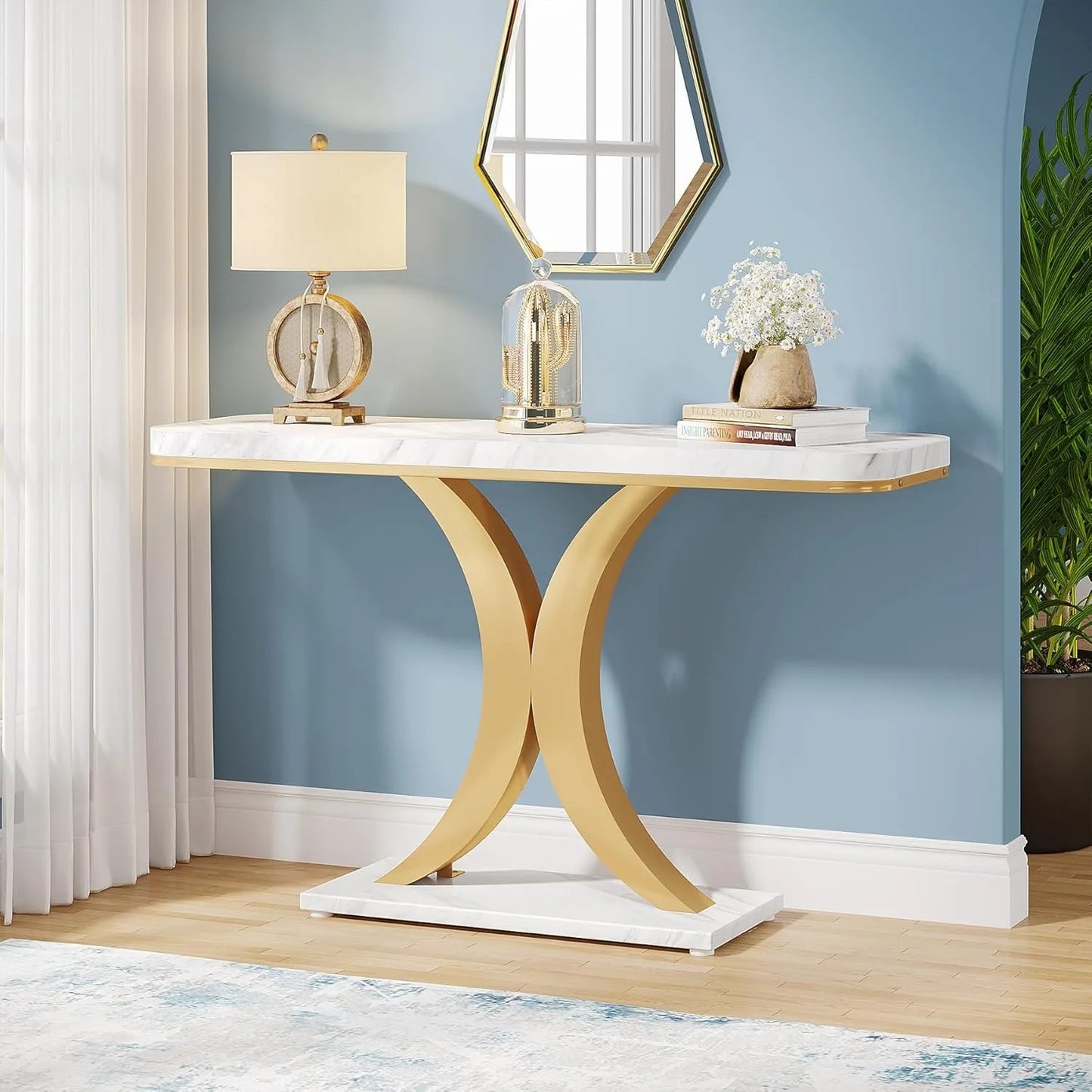 LITTLE TREE Industrial Console Table, 40 inch Narrow Entryway Foyer Table with Geometric Base, Accent Table for Living Room