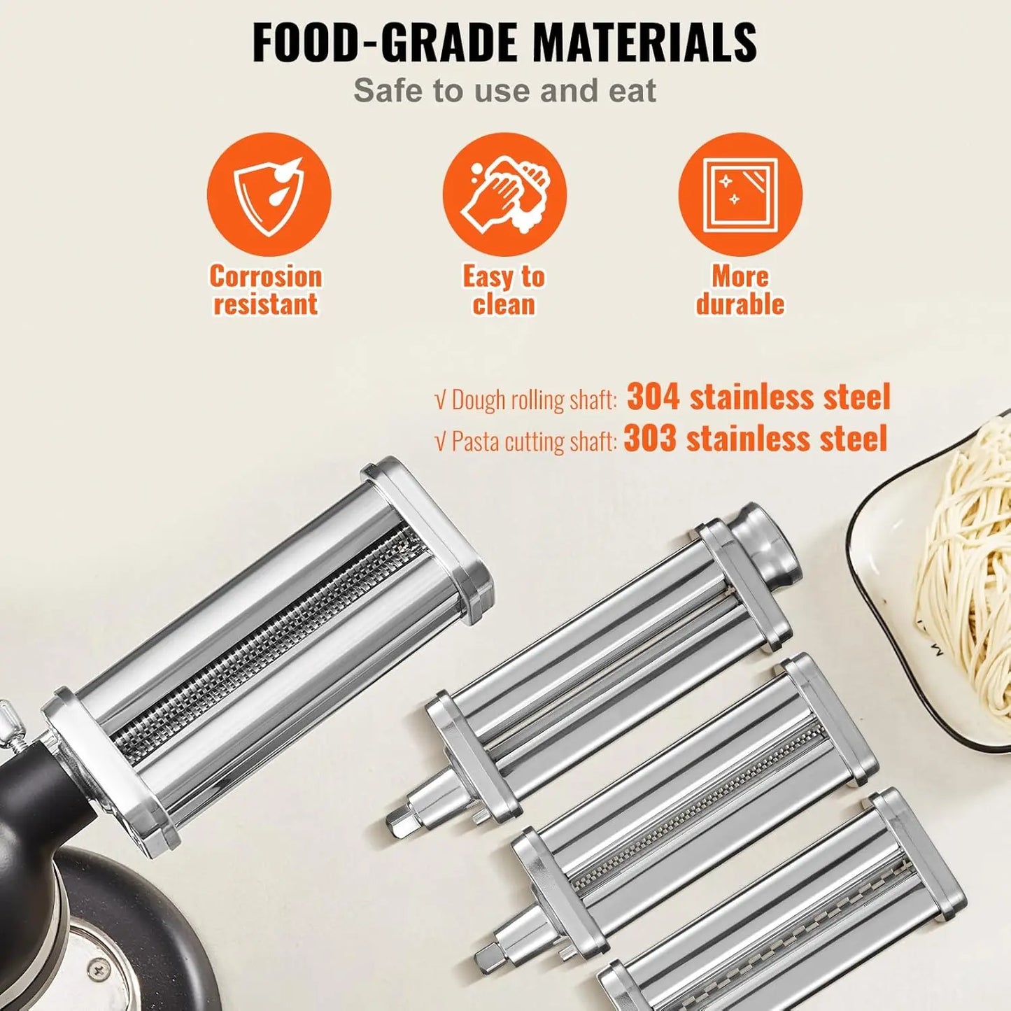 Pasta Attachment for KitchenAid Stand Mixer, Stainless Steel Pasta Maker with 3 Cutters, 8 Thickness Settings