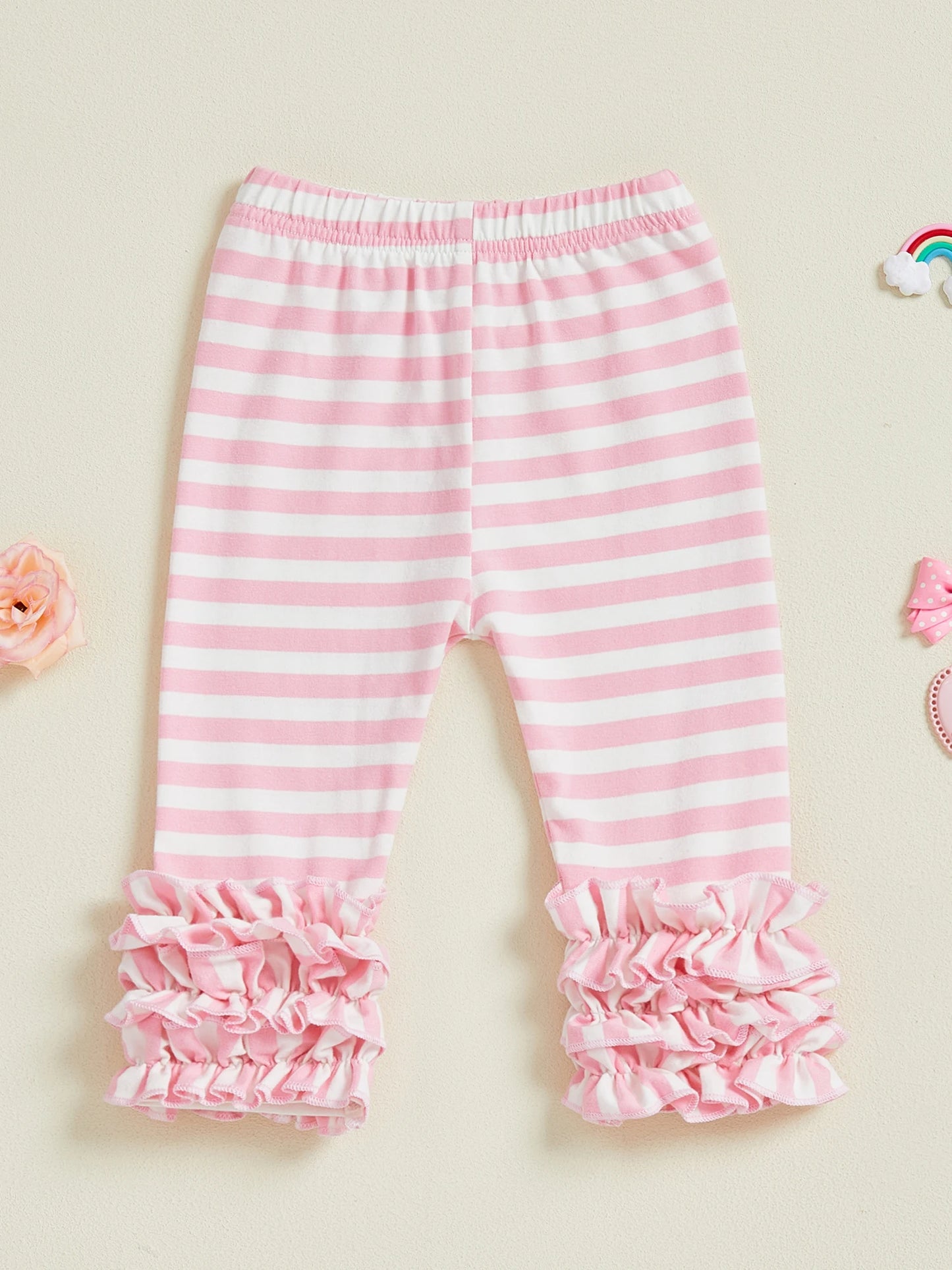 Toddler Girls Striped Leggings Elastic Waist Frills  Fit Fall Long Trousers for Casual Daily