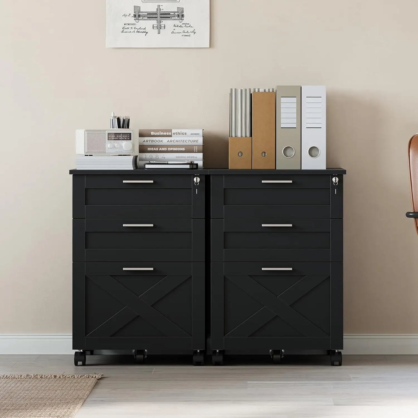 3-Drawer Rolling File Cabinet with Lock - Wooden Mobile Filing Cabinet for Home Office, Under Desk Storage Organizer fits Letter
