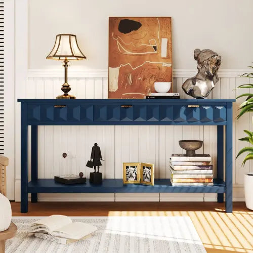60 Inch Pine Veneer Entryway Console Table with Honeycomb Fronts and 3 Drawers