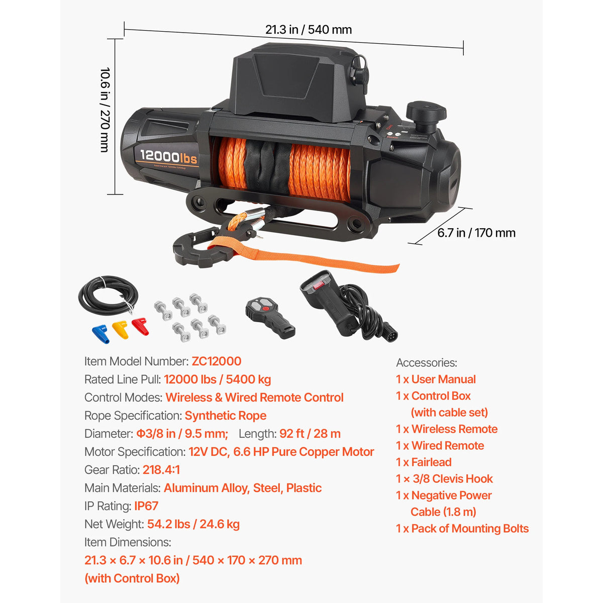 SucceBuy 10000 12000 13500 Lb 12V Electric Winch With 90 Ft Synthetic Rope
