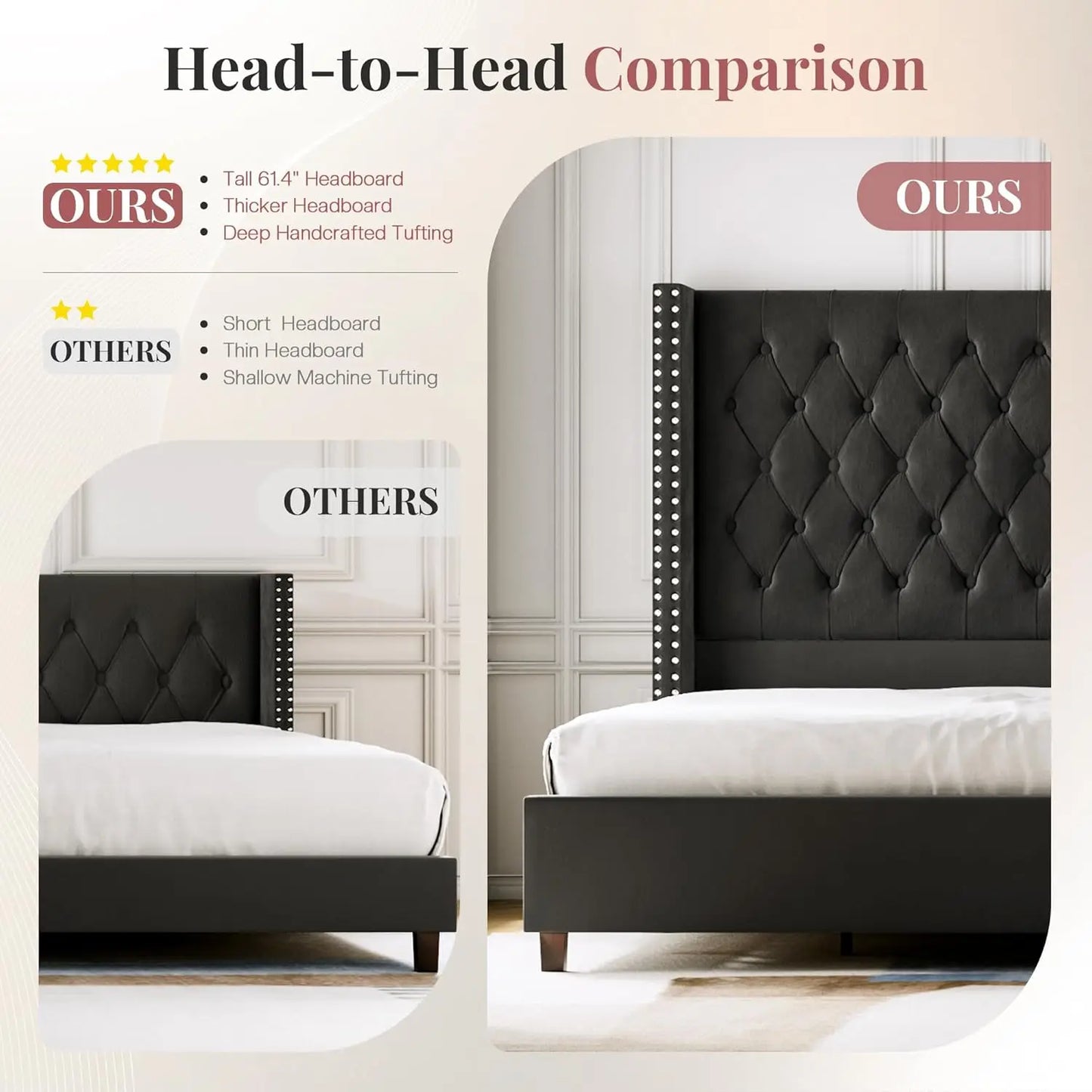 King Size Bed Frame Wingback Velvet Upholstered Platform Deep Button Tufting Solid Wood Legs No Box Spring Black, Customized